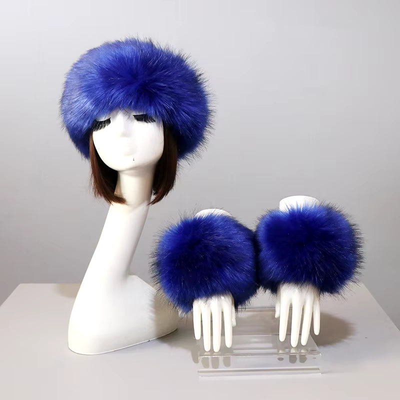 One Set Women Faux Fox Fur Cuffs + Headband Winter Warmer Hat Arm Wrist Sleeve Gloves Female Faux Fur Cap+Elastic Wristband