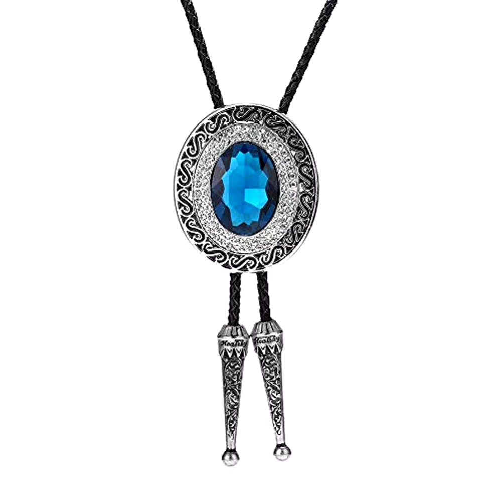 Blue Rhinestone round Shape Bolo Tie for Man Indian Cowboy Western Cowgirl Leather Rope Zinc Alloy Necktie