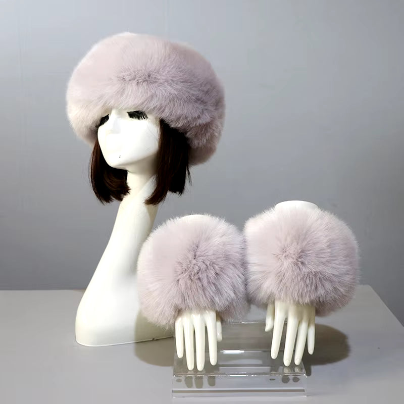 One Set Women Faux Fox Fur Cuffs + Headband Winter Warmer Hat Arm Wrist Sleeve Gloves Female Faux Fur Cap+Elastic Wristband