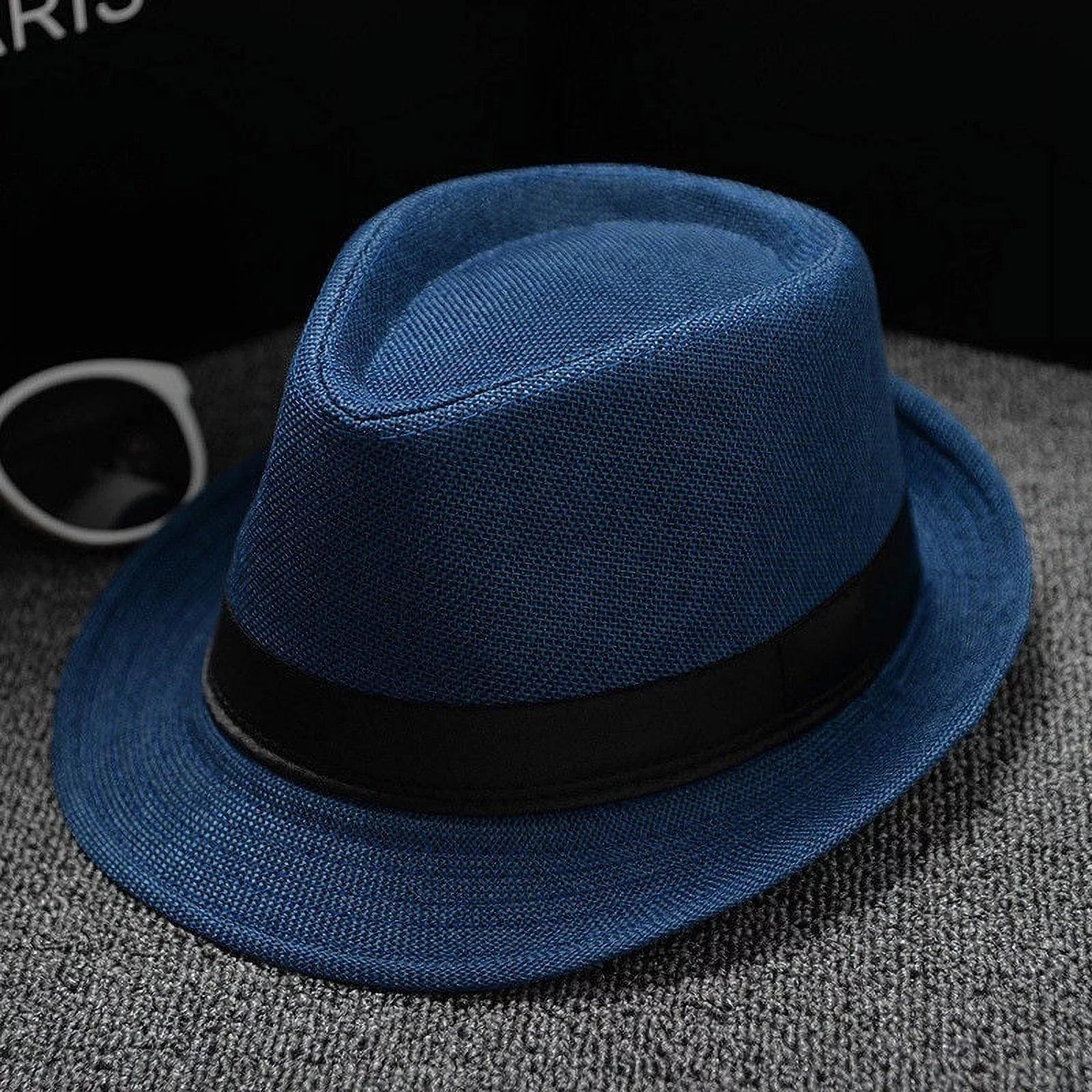 Cool Unisex Vintage Blower Jazz Hat Women/Men Casual Trendy Beach Sunhats Straw Panama Cap Cowboy Fedora Gangster Cap with Black Ribbon