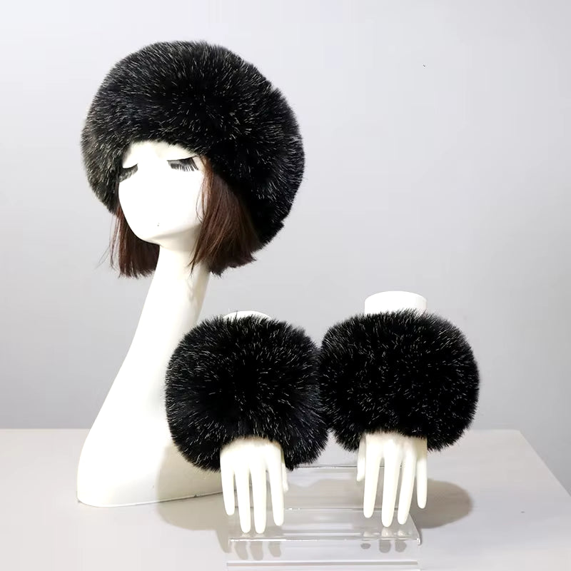 One Set Women Faux Fox Fur Cuffs + Headband Winter Warmer Hat Arm Wrist Sleeve Gloves Female Faux Fur Cap+Elastic Wristband