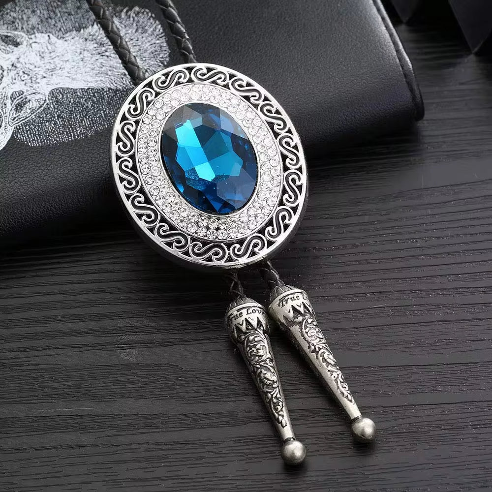 Blue Rhinestone round Shape Bolo Tie for Man Indian Cowboy Western Cowgirl Leather Rope Zinc Alloy Necktie