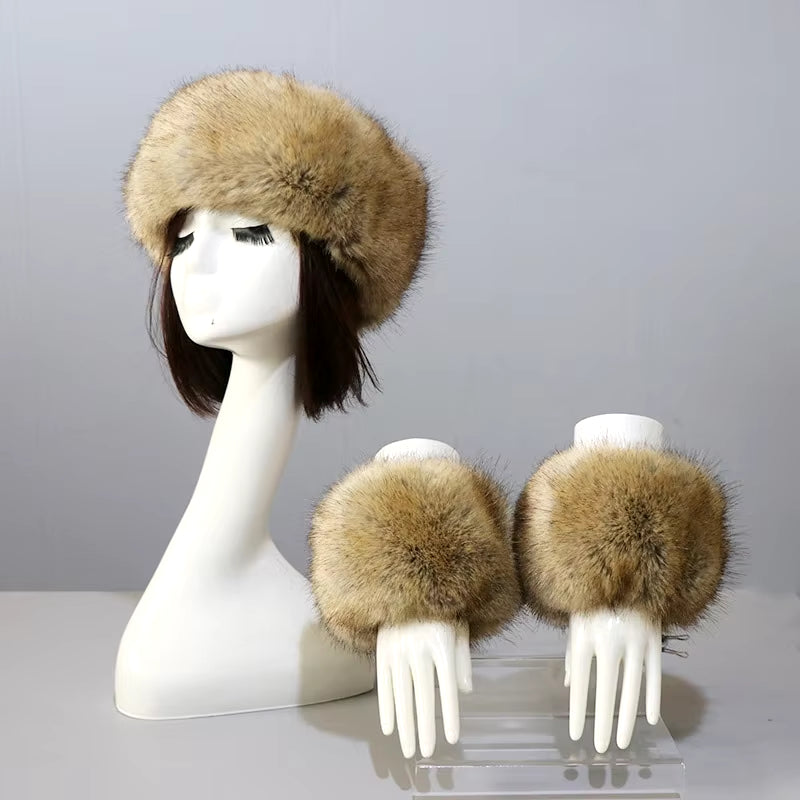 One Set Women Faux Fox Fur Cuffs + Headband Winter Warmer Hat Arm Wrist Sleeve Gloves Female Faux Fur Cap+Elastic Wristband