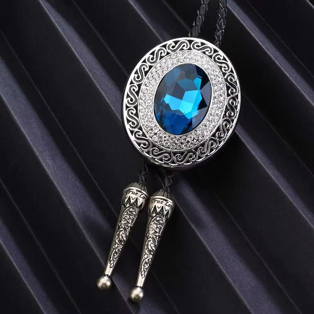 Blue Rhinestone round Shape Bolo Tie for Man Indian Cowboy Western Cowgirl Leather Rope Zinc Alloy Necktie