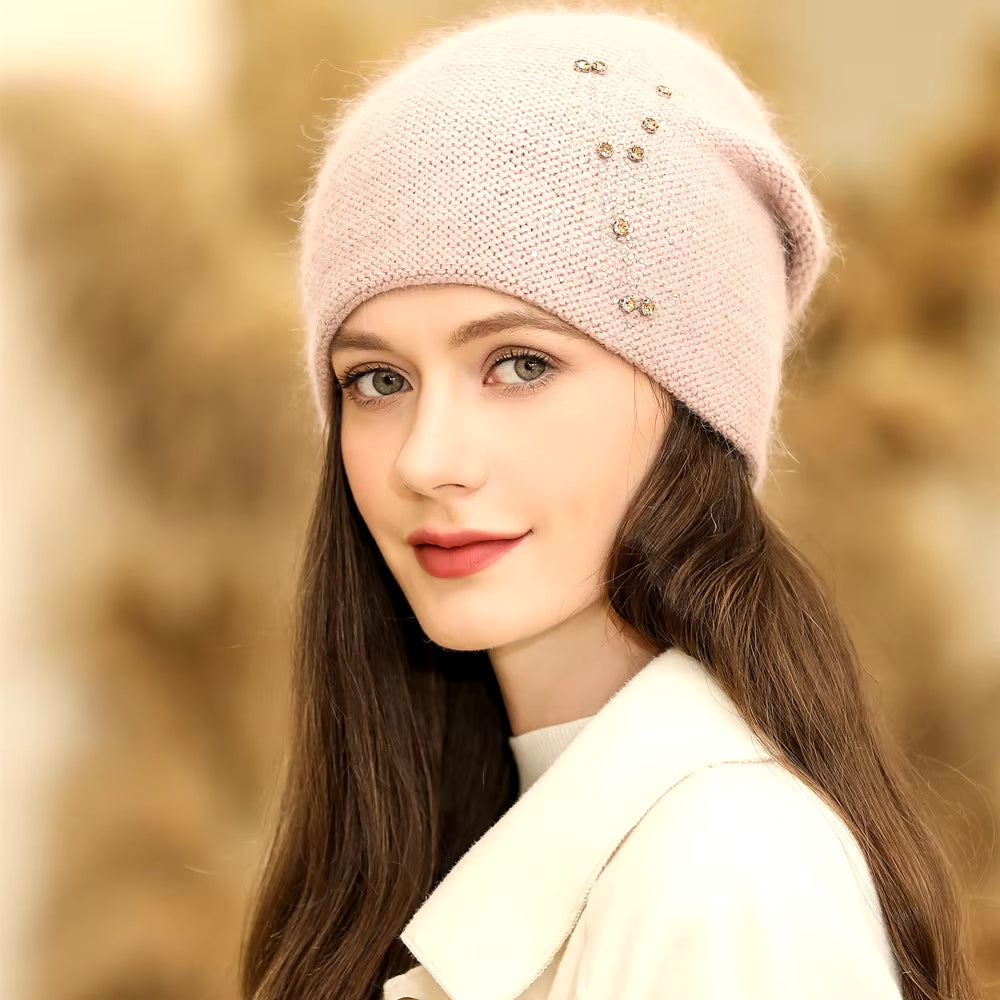 New Women Winter Hat Fashion Decorate Beanie Hat Rabbit Fur Blend Warm Winter Cap for Female Casual Streetwear Knitted Hat