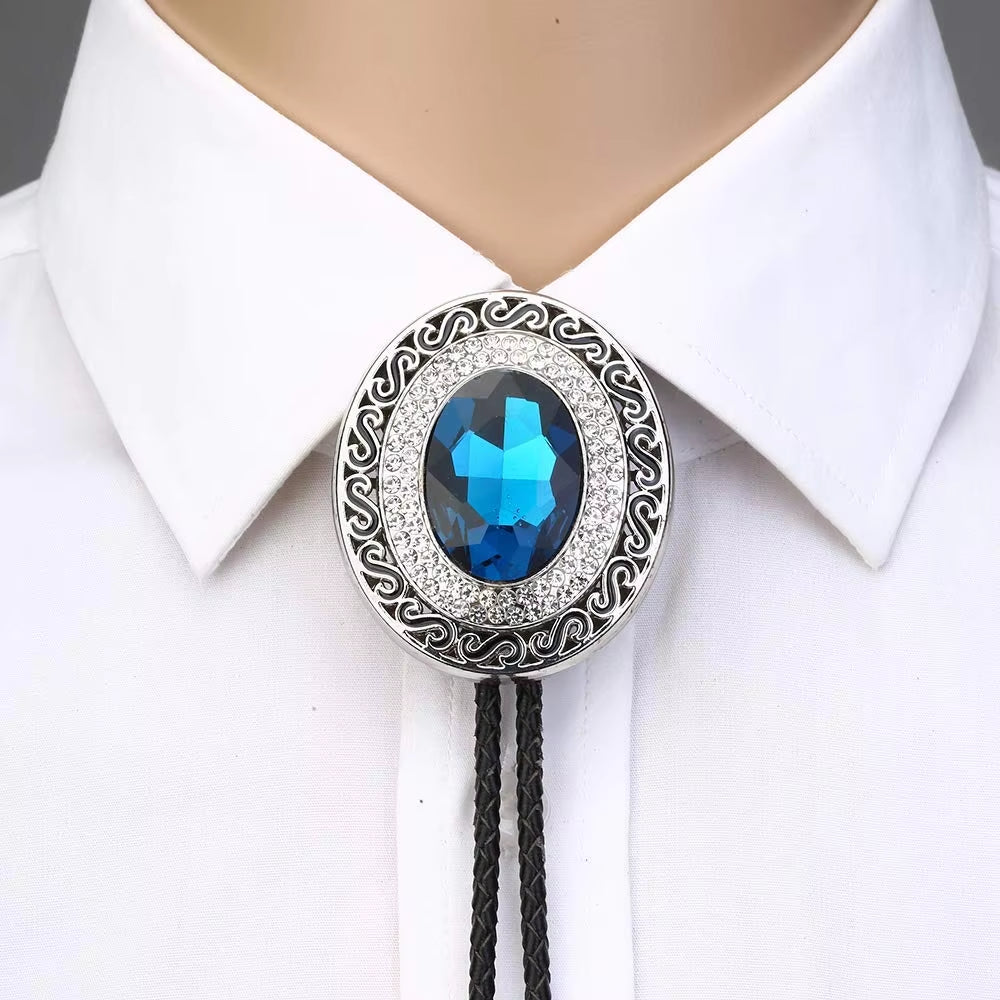 Blue Rhinestone round Shape Bolo Tie for Man Indian Cowboy Western Cowgirl Leather Rope Zinc Alloy Necktie