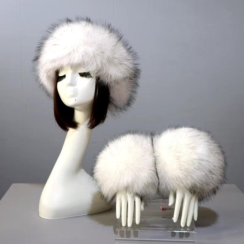 One Set Women Faux Fox Fur Cuffs + Headband Winter Warmer Hat Arm Wrist Sleeve Gloves Female Faux Fur Cap+Elastic Wristband