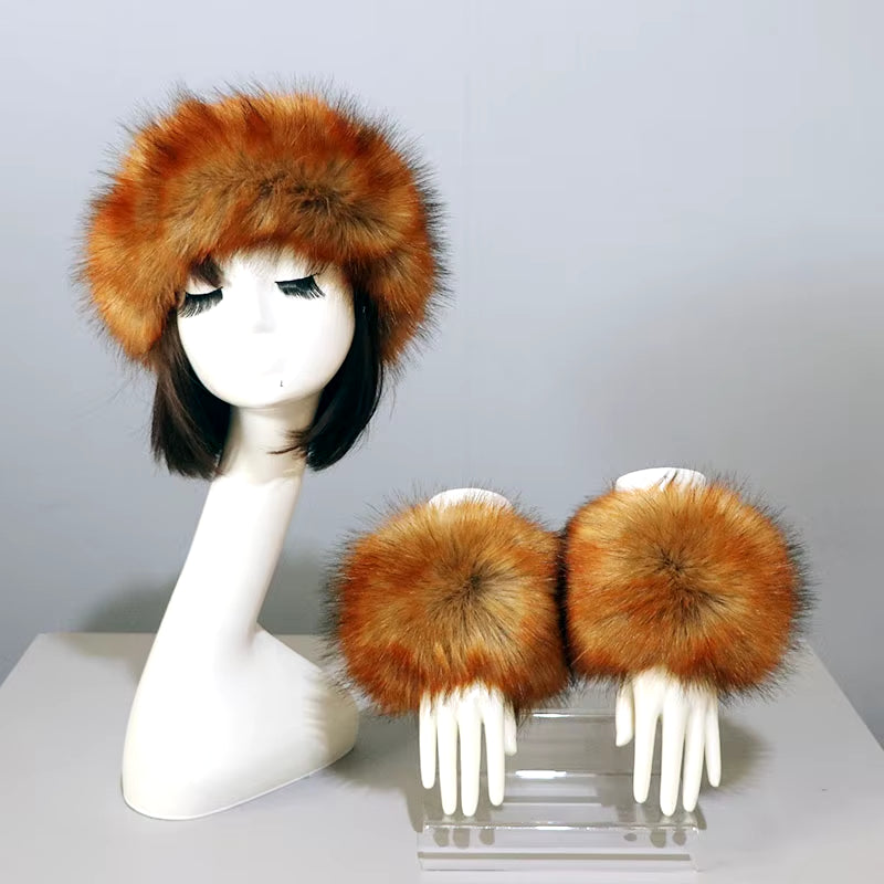 One Set Women Faux Fox Fur Cuffs + Headband Winter Warmer Hat Arm Wrist Sleeve Gloves Female Faux Fur Cap+Elastic Wristband