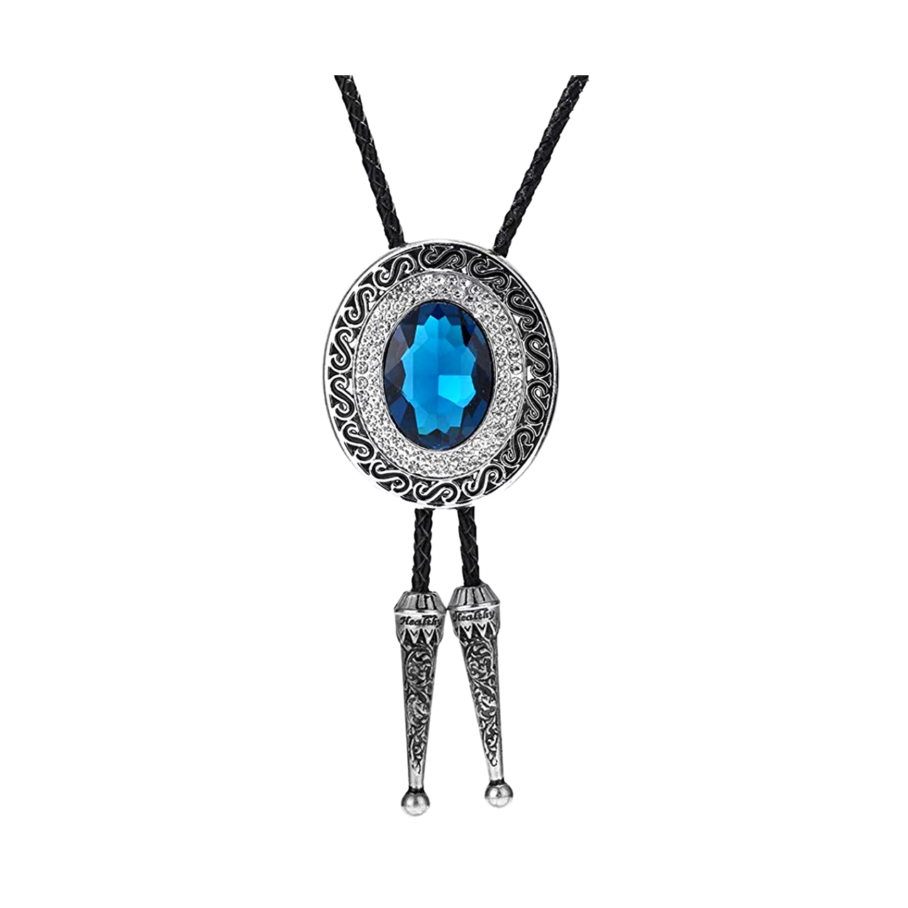 Blue Rhinestone round Shape Bolo Tie for Man Indian Cowboy Western Cowgirl Leather Rope Zinc Alloy Necktie