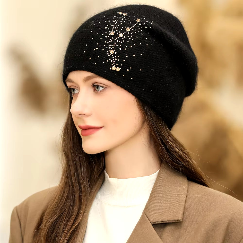 New Women Winter Hat Fashion Decorate Beanie Hat Rabbit Fur Blend Warm Winter Cap for Female Casual Streetwear Knitted Hat