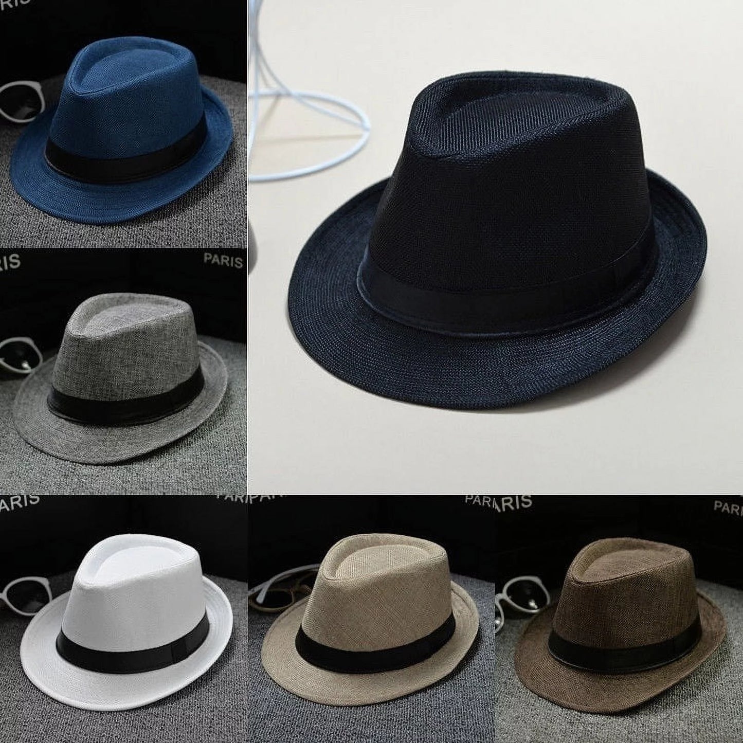 Cool Unisex Vintage Blower Jazz Hat Women/Men Casual Trendy Beach Sunhats Straw Panama Cap Cowboy Fedora Gangster Cap with Black Ribbon